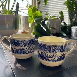 Two Vintage Blue Willow Coffee Teacups